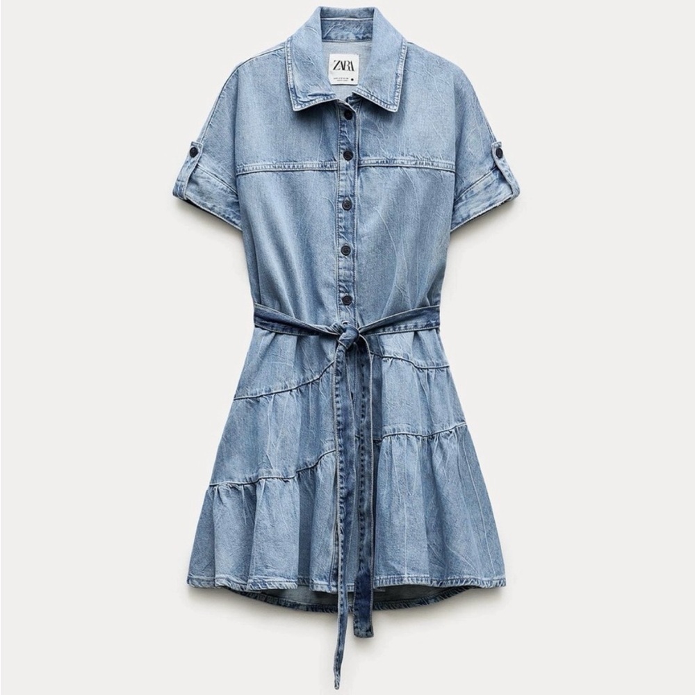 Zara short sleeve denim dress with belt tie - S